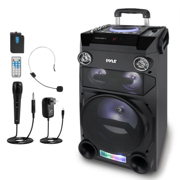 Bocina PA Pyle PWMA335BT.6 con Subwoofer de 8 Pulgadas Bluetooth Luces DJ Micrófono y Control Remoto