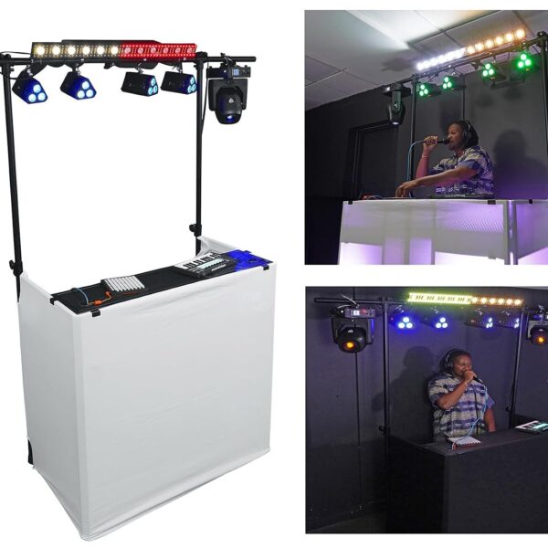 Cabina de DJ Rockville ROCKBOOTH TRUSS V2 con Braguero de Iluminación de 8 Pies Mesas de 2 Niveles Scrims Negro y Blanco