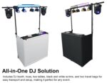 Cabina de DJ Rockville ROCKBOOTH TRUSS V2 con Braguero de Iluminación de 8 Pies Mesas de 2 Niveles Scrims Negro y Blanco