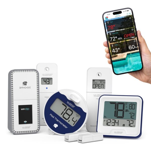 Sistema de Alerta Wi-Fi Pool Preserver Pro La Crosse Technology X100-PM01-04 con Puente Sensor de Piscina Pantalla y Son