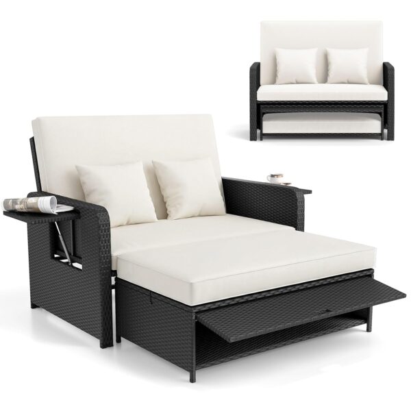 Sofá Cama RELAX4LIFE RXE-HW70644 de Ratán PE para Patio con Otomana Respaldo Ajustable 4 Niveles Blanco y Negro