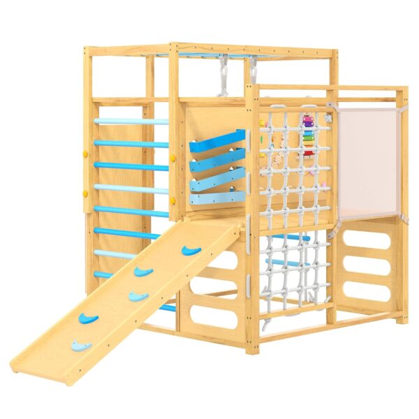 Gimnasio de la Selva Interior Garvee 9 en 1 Madera Azul con Tobogán Reversible Barras de Mono Escalera de Cuerda y Pared