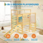 Gimnasio de la Selva Interior Garvee 9 en 1 Madera Azul con Tobogán Reversible Barras de Mono Escalera de Cuerda y Pared