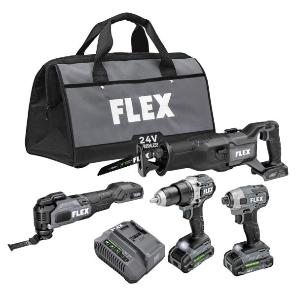 FLEX Kit combinado de 4 herramientas inalámbricas sin escobillas de 24 V: sierra recíproca, multiherramienta oscilante,
