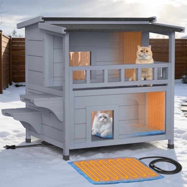 Casa Climatizada para Gatos Suteck MW9JRSCBGRV0 2 Pisos 3 Habitaciones Madera 29 x 26 x 30 Pulgadas Gris