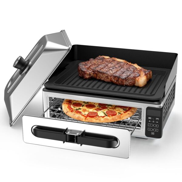 OLIXIS Parrilla eléctrica de interior para bistec y verduras, plancha Smokeles con tapa para cocinar en la cocina, horno