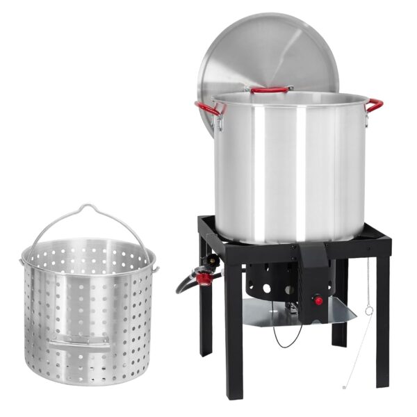 Olla para hervir mariscos de 100 cuartos de galón, caldera de cangrejo al aire libre con cesta coladora, soporte para qu