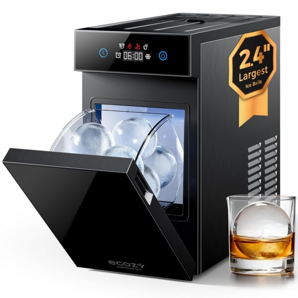 ecozy Encimera de bolas de hielo transparentes de 2.4 pulgadas con tecnología CrystalFlux, máquina de hielo con esfera d