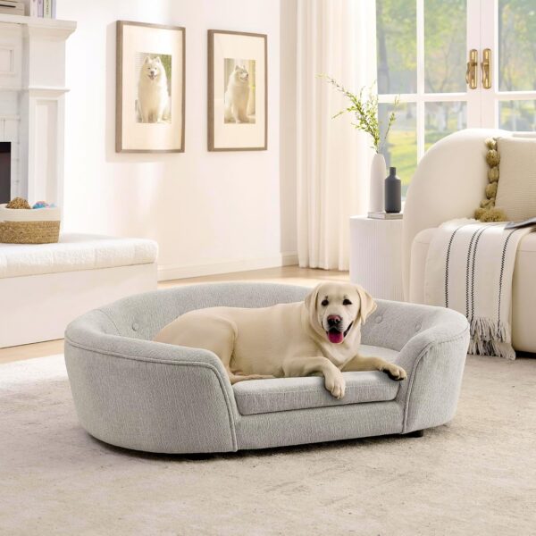 Cama para Perros KEIKI HT03126 Sofá Ovalado Semicerrado Grande Beige de Lino 42.75 x 28.75 x 6.75 Pulgadas