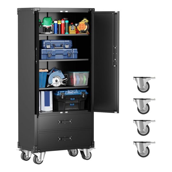 BouPower Armario de almacenamiento de metal negro de 67 pulgadas con rueda, almacenamiento de garaje con 2 cajones + 4 e
