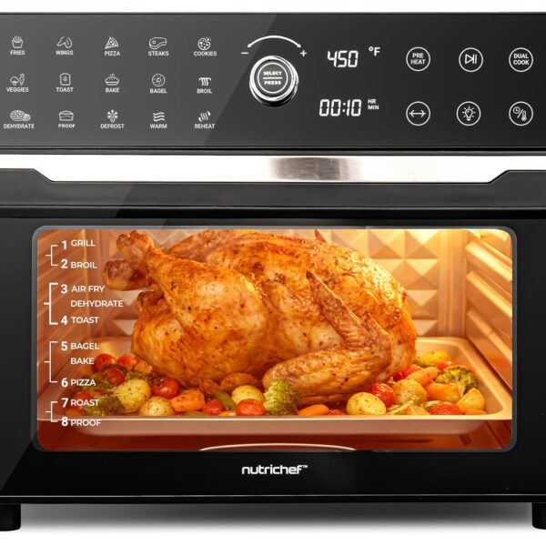NutriChef Freidora de aire y horno de 32 cuartos | Freidora de aire digital con 20 ajustes preestablecidos, doble cocció
