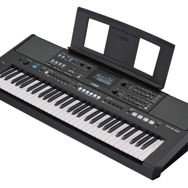 Yamaha PSR-E483, teclado portátil de 61 teclas sensible al tacto con sonido, atril para partituras y adaptador de corrie