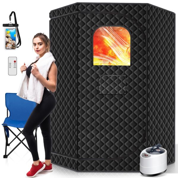 Caja de Sauna Portátil RELEXNOW FUL-8613 70 x 35 x 20 Pulgadas Generador de Vapor 3L 1500W con Silla Plegable y Control