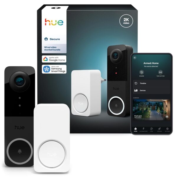Philips Hue Timbre de video seguro con cable y timbre inteligente, resolución 2K, visión gran angular, detección de movi
