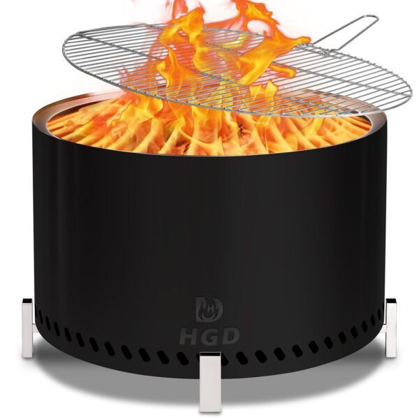 Fogata Sin Humo HGD Fire Pit 27.5 Pulgadas con Soporte y Parrilla Acero Inoxidable Negro