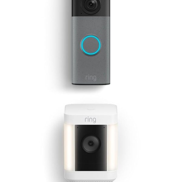 Kit Videotimbre Inalámbrico Ring Segunda Generación Gris Moteado con Cámara con Luz de Enfoque Inalámbrica Ring Plus Bla