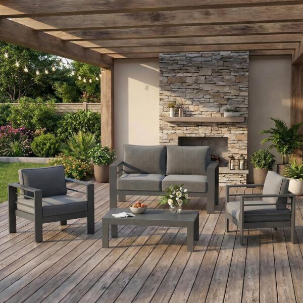 Sofá Seccional de Patio Solaste DKX20-124-GR-KX 4 Asientos Aluminio Gris con Mesa Auxiliar y Cojines de 5 Pulgadas