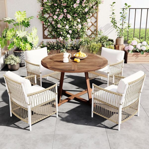 Juego de Comedor de Patio Merax 5 Piezas Mesa Redonda Extensible de Madera de Acacia con Hoja de Mariposa de 12 Pulgadas