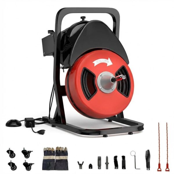 Máquina limpiadora de drenaje, barrena de drenaje de 50 pies x 1/2 pulgada con motor de 450 W y 4 cortadores para tubos