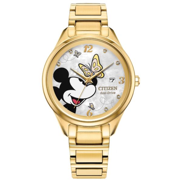 Reloj Citizen Eco-Drive Mickey Mouse FE6192-51D para Mujer Caja de Acero Inoxidable Dorado Esfera de Nácar Blanca 37 mm