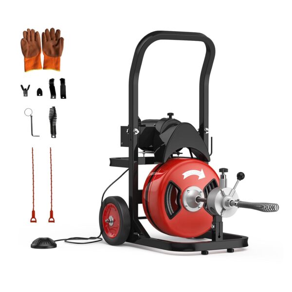 Máquina limpiadora de drenaje de 75 pies x 1/2 pulgada, 450 W, portátil, de alimentación automática, barrena de serpient