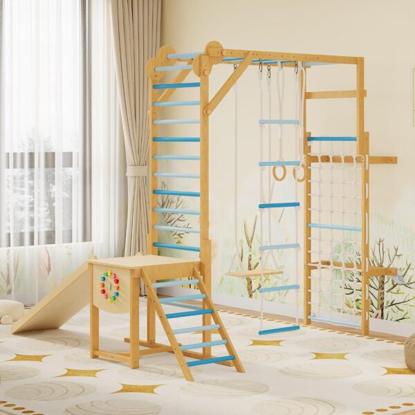 Gimnasio de Escalada Interior PeakPursuit 8 en 1 Madera Azul y Rosa para Niños 3 a 10 años