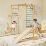 Gimnasio de Escalada Interior PeakPursuit 8 en 1 Madera Azul y Rosa para Niños 3 a 10 años