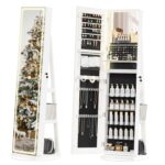 Armario de Joyería TJYGO BJ002-WH-US con Espejo de Cuerpo Completo Luces LED Base Giratoria 360 Grados Color Blanco Perl