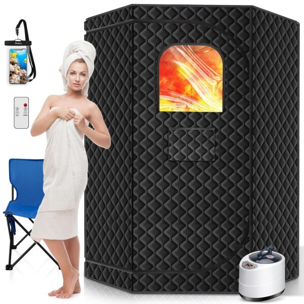 Sauna Portátil para el Hogar RELEXNOW FUL 70 x 35 x 20 Pulgadas 9 Niveles de Calor Generador de Vapor 3L 1500W con Silla