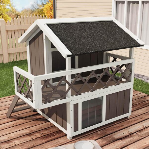 Casa Aislada para Gatos GarveeHome YbtGK8fjr_4-GcAi_-nUpwSfzbn4f 2 Pisos con Balcón Marrón Madera de Ingeniería 34.3x28x