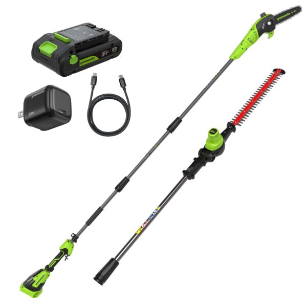 Combo Sierra de Poste Greenworks CKPH321 24V 8 Pulgadas y Cortasetos de Poste 20 Pulgadas con Batería 2.0 Ah y Cargador