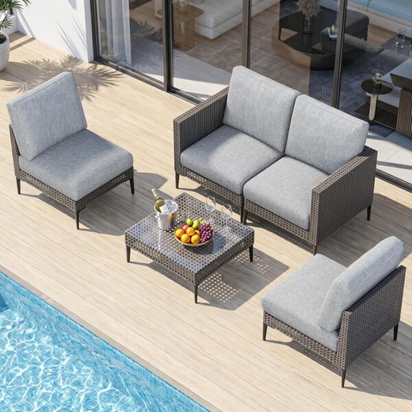 Juego de Sofá de Patio Jocoevol Y-JOC-C-0832-2 Ratán de Polietileno 4 Asientos con Mesa de Vidrio Color Gris