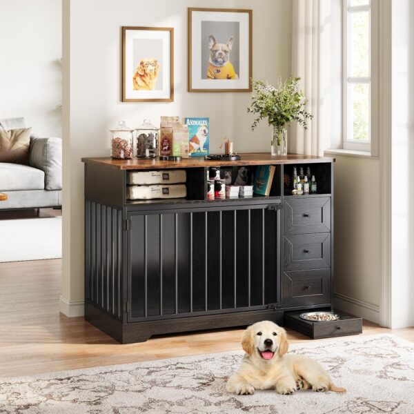 Mueble Jaula para Perros GAOMON PHO_33JRP5EY 48 Pulgadas Negro con Cuenco Extraíble y Seis Cajones