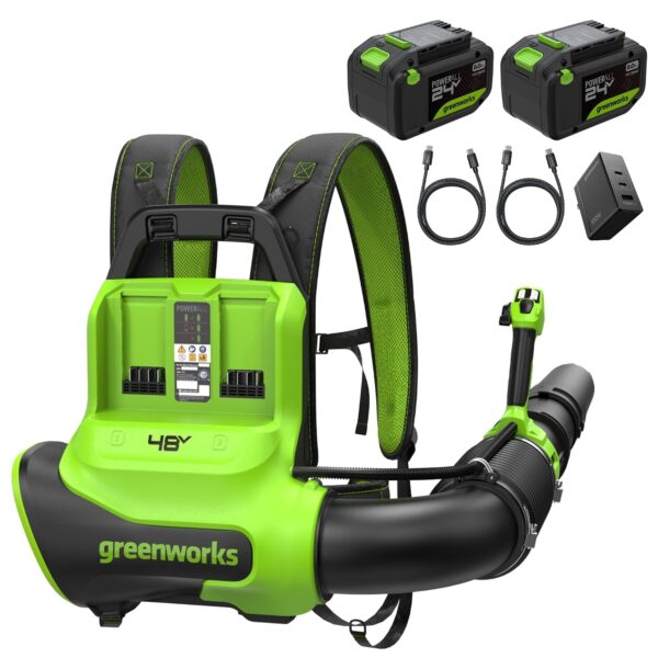 Soplador de Hojas de Mochila Greenworks BB48730 48V 730 CFM 185 MPH Incluye 2 Baterías de 8.0 Ah