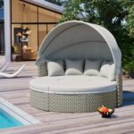 Sofá Modular Redondo para Exteriores Merax Ratán Dos Tonos Gris con Toldo Retráctil Asientos Separados y Cojín Extraíble