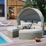 Sofá Modular Redondo para Exteriores Merax Ratán Dos Tonos Gris con Toldo Retráctil Asientos Separados y Cojín Extraíble