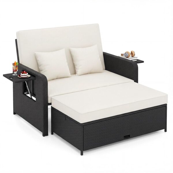 Sofá Cama de Ratán para Patio COSTWAY Patio Rattan Daybed con Otomana de Almacenamiento Respaldo Ajustable de 4 Niveles