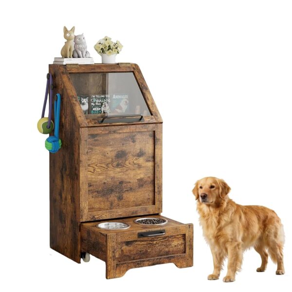 Estación de Alimentación para Perros ActiveTrail con Gabinete de Almacenamiento Tapa Abatible 2 Tazones Elevados de Acer
