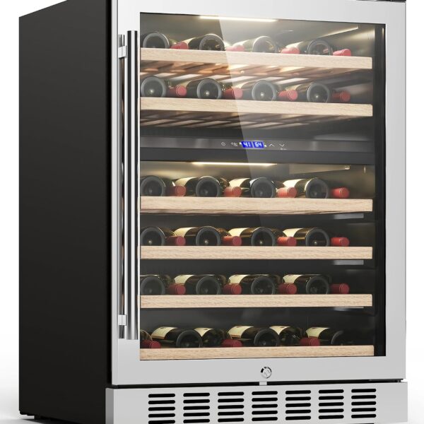 OYLUS Refrigerador de bebidas para vino – 24 pulgadas de doble zona 41-64°F/41-64°F enfriador de vino para 46 botellas,