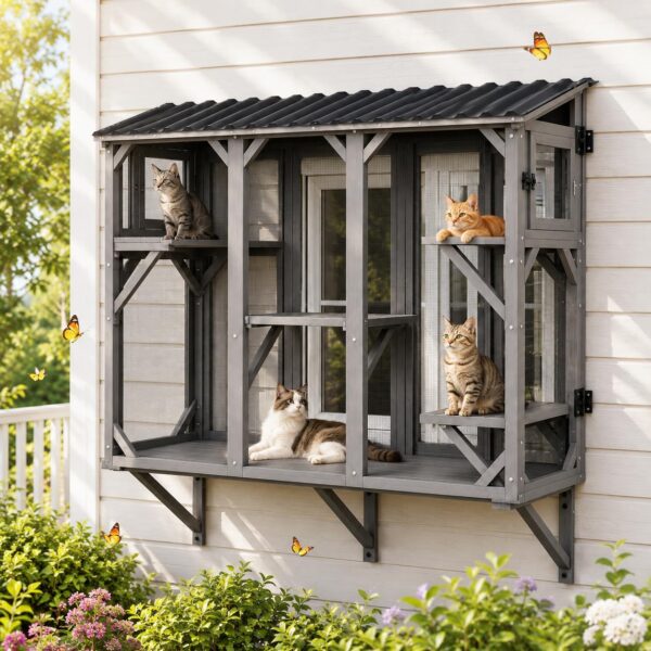 Catio para Gatos Garvee Ventana de 65 Pulgadas Gris Madera con Puerta para Túnel