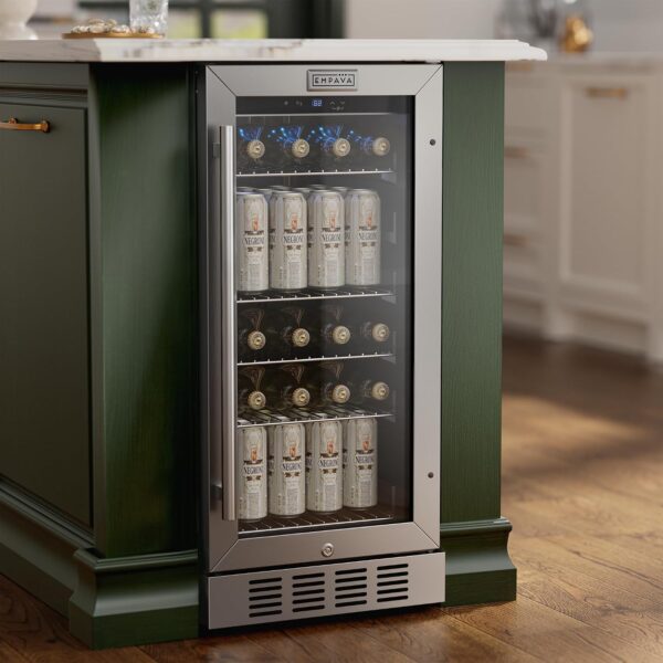 Empava Refrigerador de bebidas bajo encimera de 15 pulgadas con puerta de cristal, refrigerador de bebidas independiente