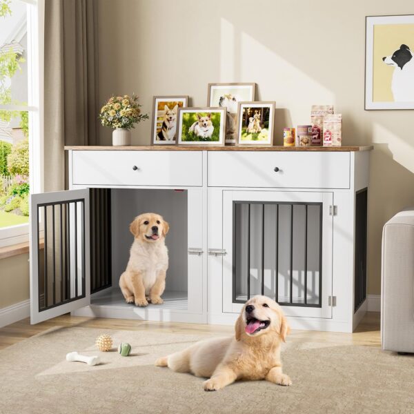 Mueble Jaula para Perros GarveeHome Dog Crate Furniture for 2 Dogs 60 Pulgadas Doble Blanco Madera de Ingeniería y Metal