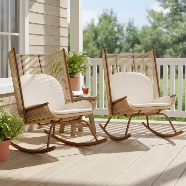 Mecedora para Exteriores Merax PatioRockingChair26021302 2 Piezas Ratán de Polietileno Respaldo Alto Beige