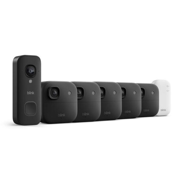 Sistema de Seguridad Blink 2K+ Videotimbre Cableado y 5 Cámaras para Exteriores con Módulo de Sincronización Básico Negr