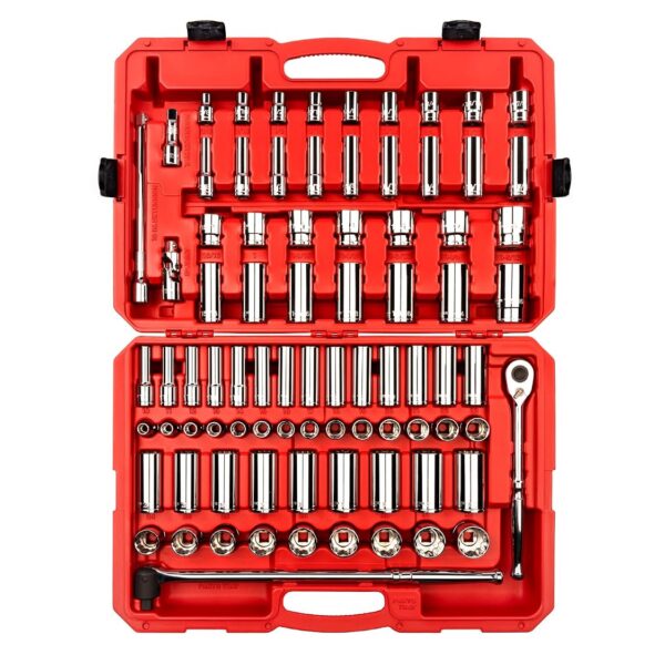 TEKTON Juego de llaves de vaso y trinquete de 12 puntos poco profundos y profundos de 1/2 pulgadas con estuche, 83 pieza