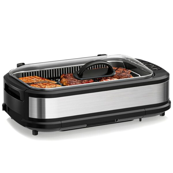 Electactic Parrilla eléctrica sin humo para cocinar en interiores, parrilla de contacto antiadherente con control de tem