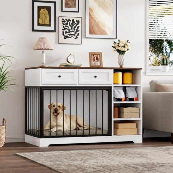 Mueble Jaula para Perros PeacefulHues 47 Pulgadas con Cajones y Estantes Soporte de TV Color Blanco