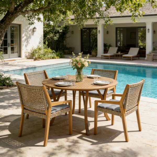 Juego de Comedor Christopher Knight Home Verle 370492 5 Piezas Madera de Acacia Mesa Redonda 4 Sillas con Cojín