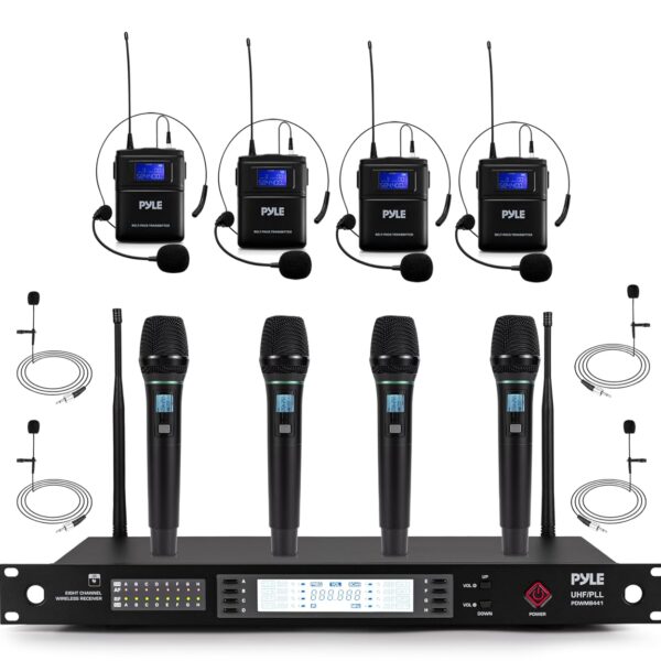 Pyle Sistema de micrófono inalámbrico UHF de 8 canales con 4 micrófonos de mano, 4 Lavalier y 4 micrófonos de auriculare