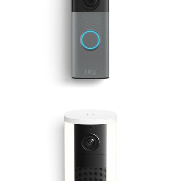 Videotimbre Inalámbrico Ring 2da Generación Gris Moteado con Cámara con Luz de Enfoque Inalámbrica 2da Generación Blanco
